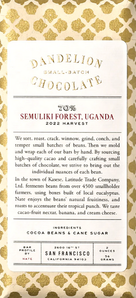 Dandelion Semuliki Forest, Uganda 70% Dark Chocolate