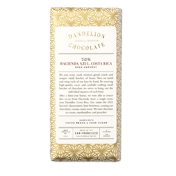 Dandelion - Hacienda Azul 2022 Harvest 70% Dark Chocolate Bar - Costa Rica