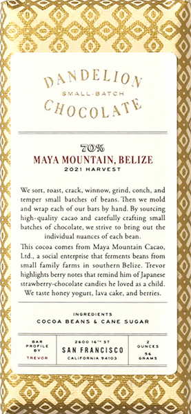 Dandelion Maya Mountain, Belize 70% Dark Chocolate