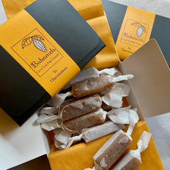 Chocomotions BABAMELS cacao fruit pulp caramels, full packs, offering a unique blend of cacao and caramel flavors.