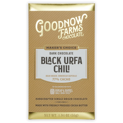 Front of the Goodnow Farms Black Urfa Chili 77% dark chocolate bar packaging.