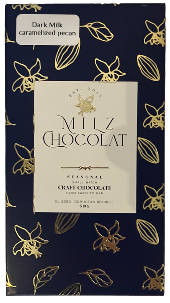 Milz Chocolat "Dark Milk with Caramelized Pecans" 65% Milk Chocolate