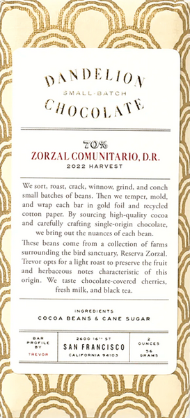 Dandelion Zorzal Comunitario, Dominican Republic 70% Dark Chocolate