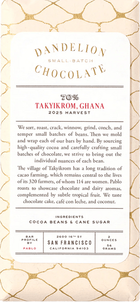 Dandelion - Takyikrom 70% Dark Chocolate Bar - Ghana
