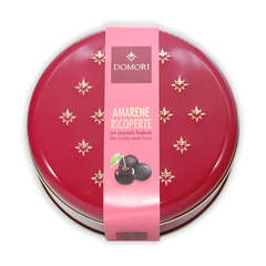 Domori dark chocolate covered cherries in a red tin with star designs, best chocolate gift box.