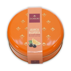 Domori Dark Chocolate Covered Oranges in an elegant orange tin, perfect for gifting or indulging.