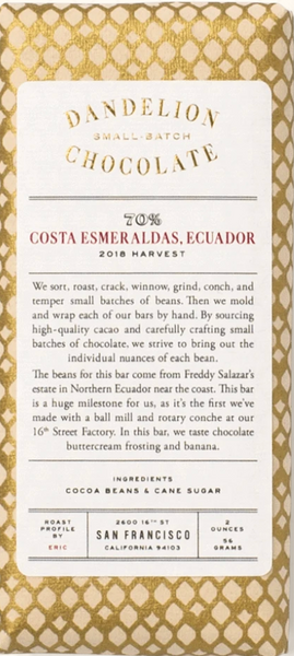 Dandelion Costa Esmeraldas, Ecuador 70% Dark Chocolate